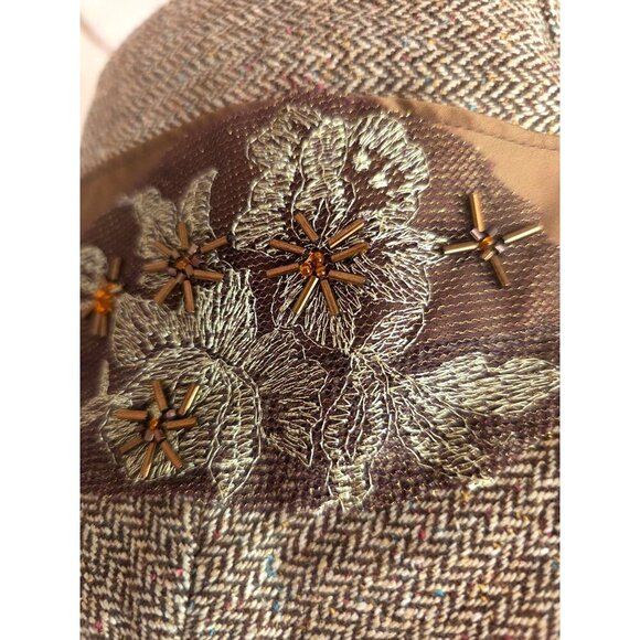 Nest Y2K Brown Wool Herringbone Cloche Bucket Hat Hand Embellished Silk Band - Picture 2 of 9